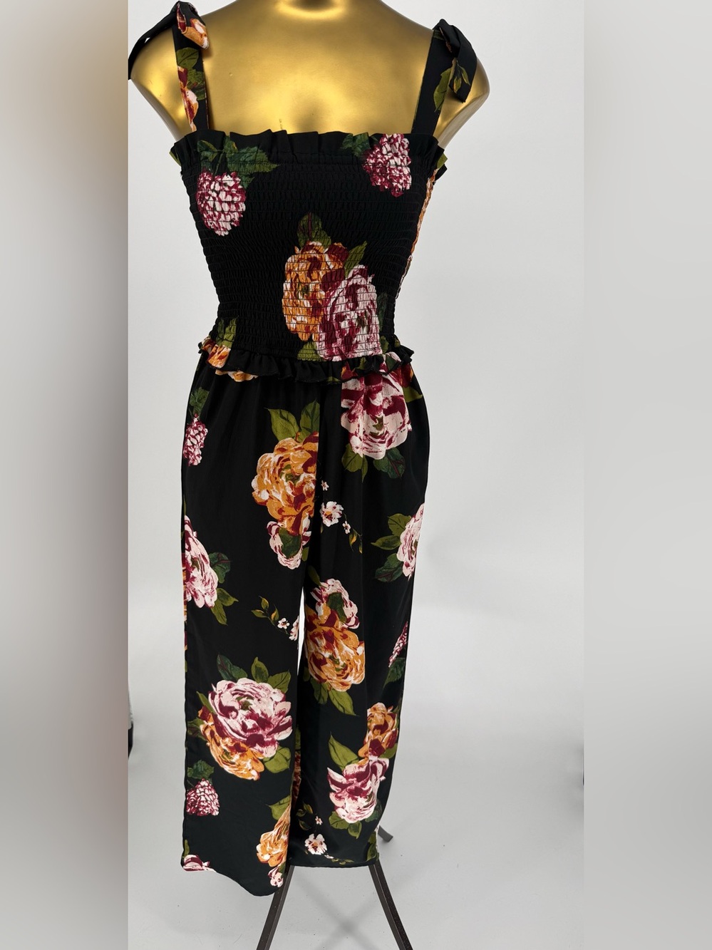 Feathers Black Floral Smocked Jumpsuit with Pink and Orange Roses Size medium